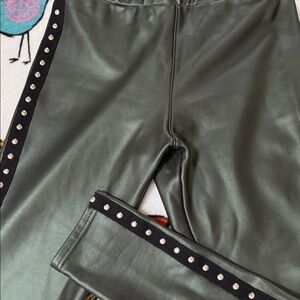 Studded metallic Green Faux Leather Leggings, fleece for cold sizes